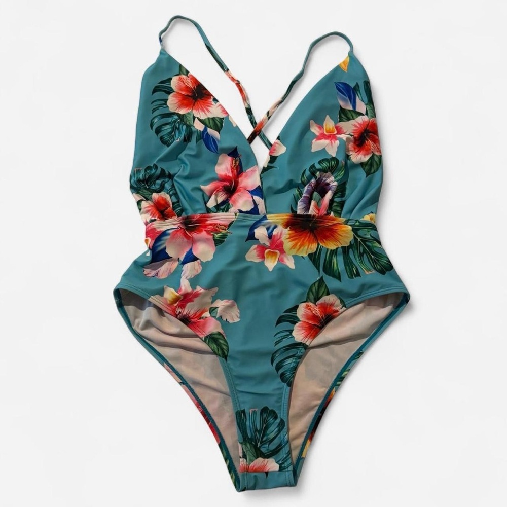 Floral Paradise Women's One Piece Swimsuit with tie detail. Excellent condition.